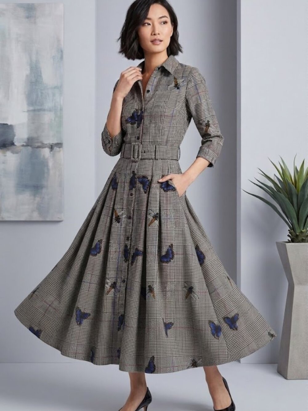 Samantha Sung Wool Black white Plaid Butterfly Dragonfly Belted Shirt Dress sz 4